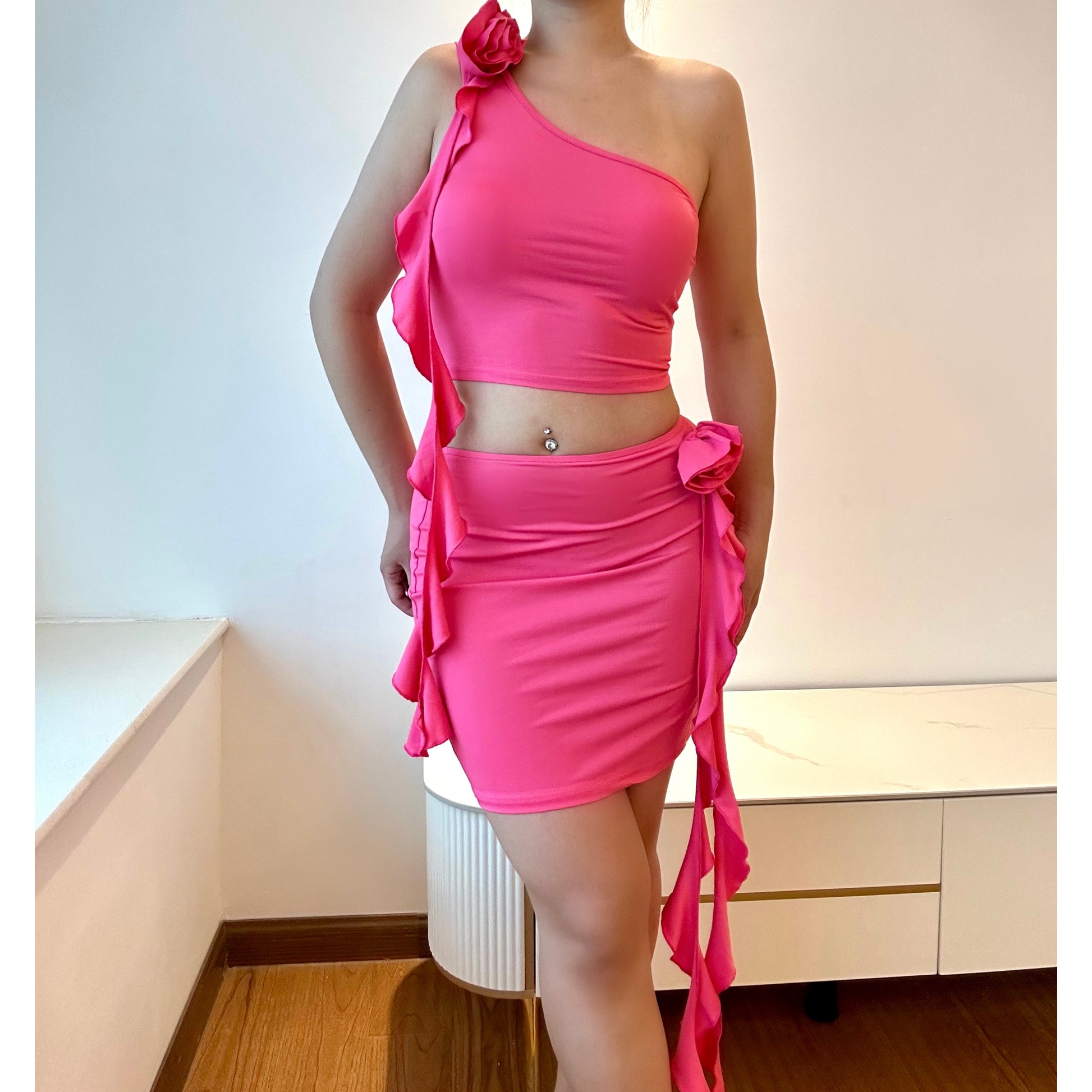 Y2K Asymmetric Shoulder Flower Mini Dress Set Pink | Rainbow Aesthetic