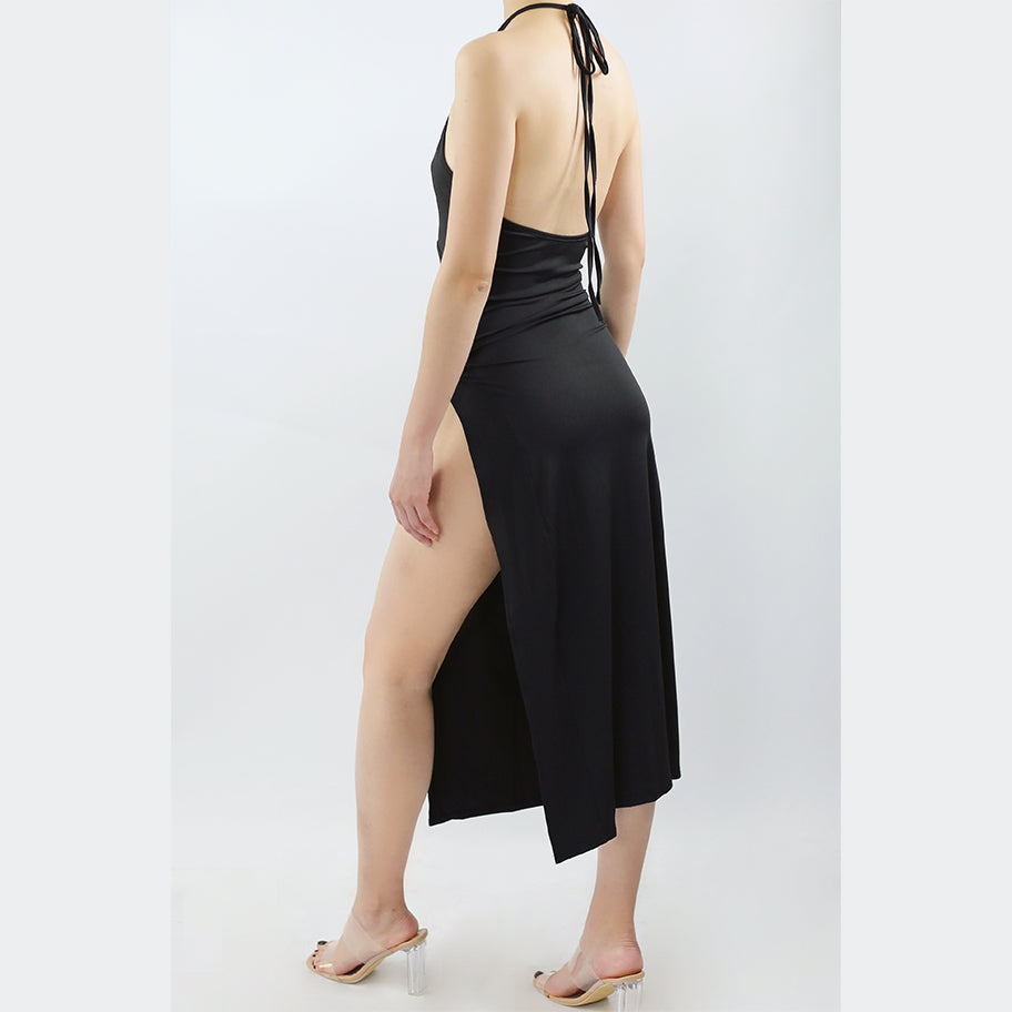 Sexy Halter Solid Backless Maxi Dress