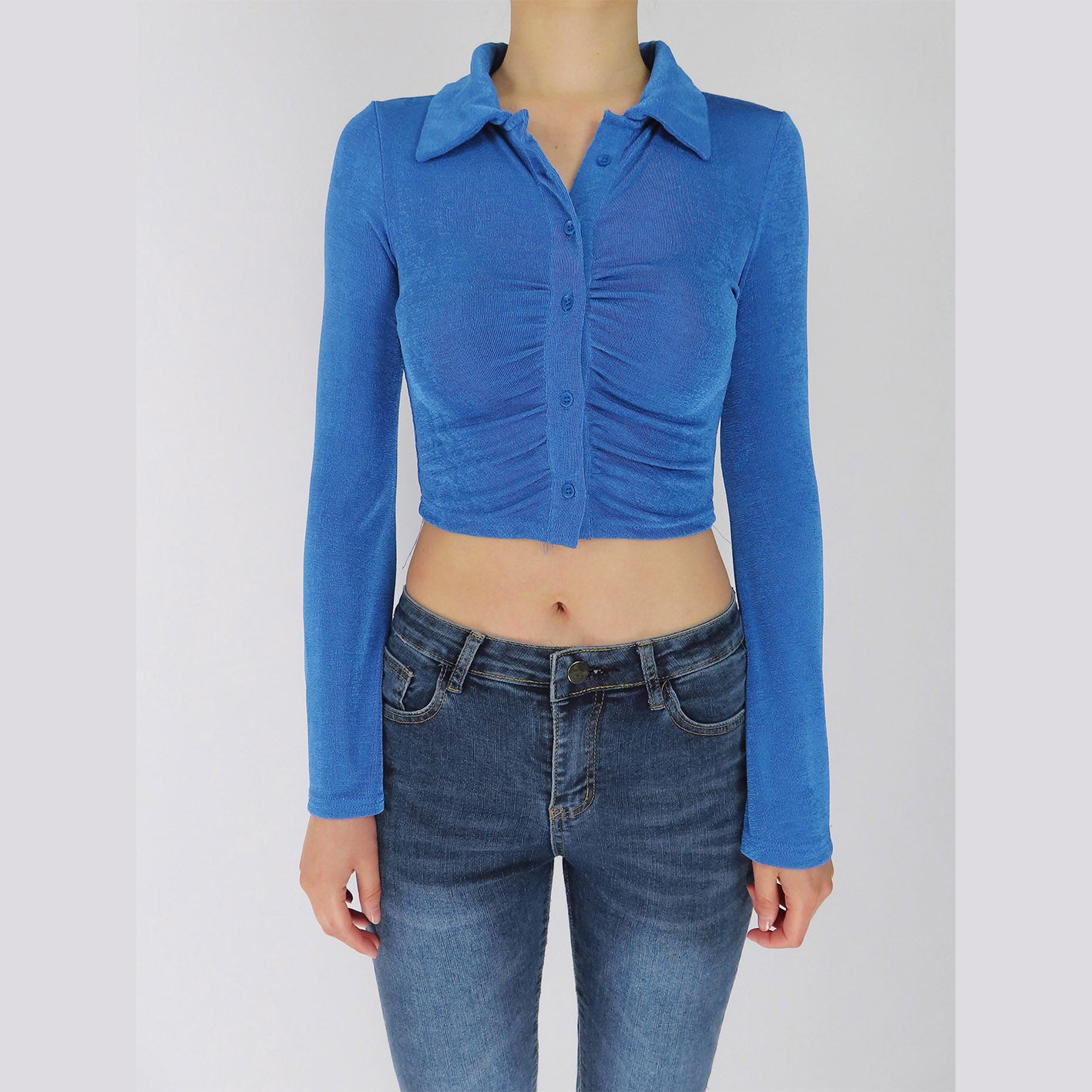 Minimalist Solid Cropped Button Up Blue | Rainbow Aesthetic