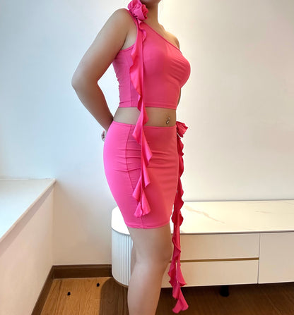 Y2K Asymmetric Shoulder Flower Mini Dress Set Pink | Rainbow Aesthetic