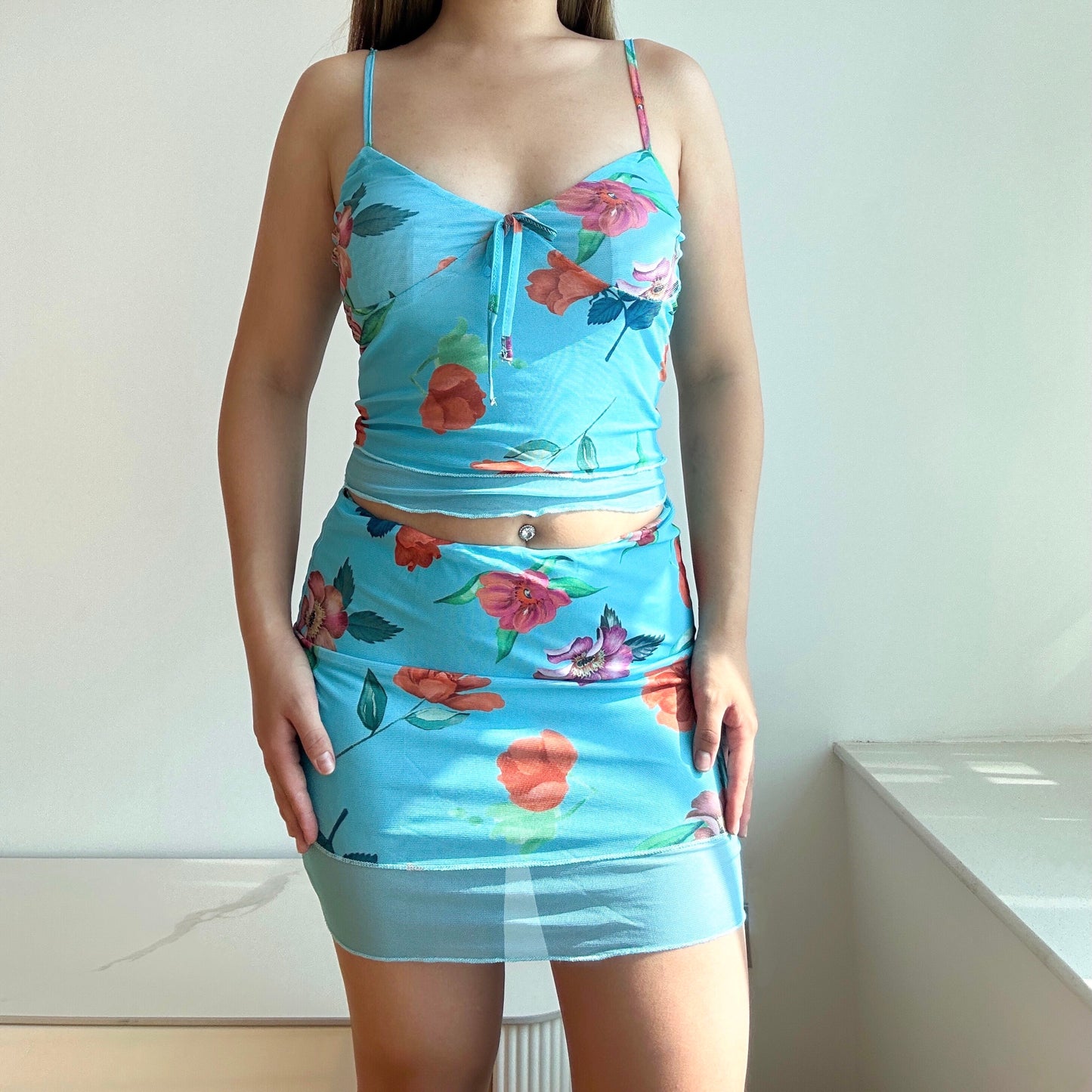 Y2K Floral Mesh Top & Mini Skirt Two Piece Set Blue | Rainbow Aesthetic