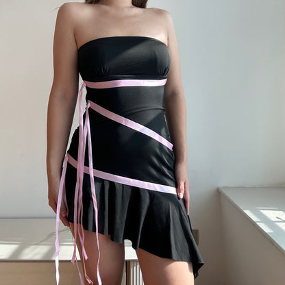 Barbie Core Asymmetric Straps Mini Dress Black | Rainbow Aesthetic