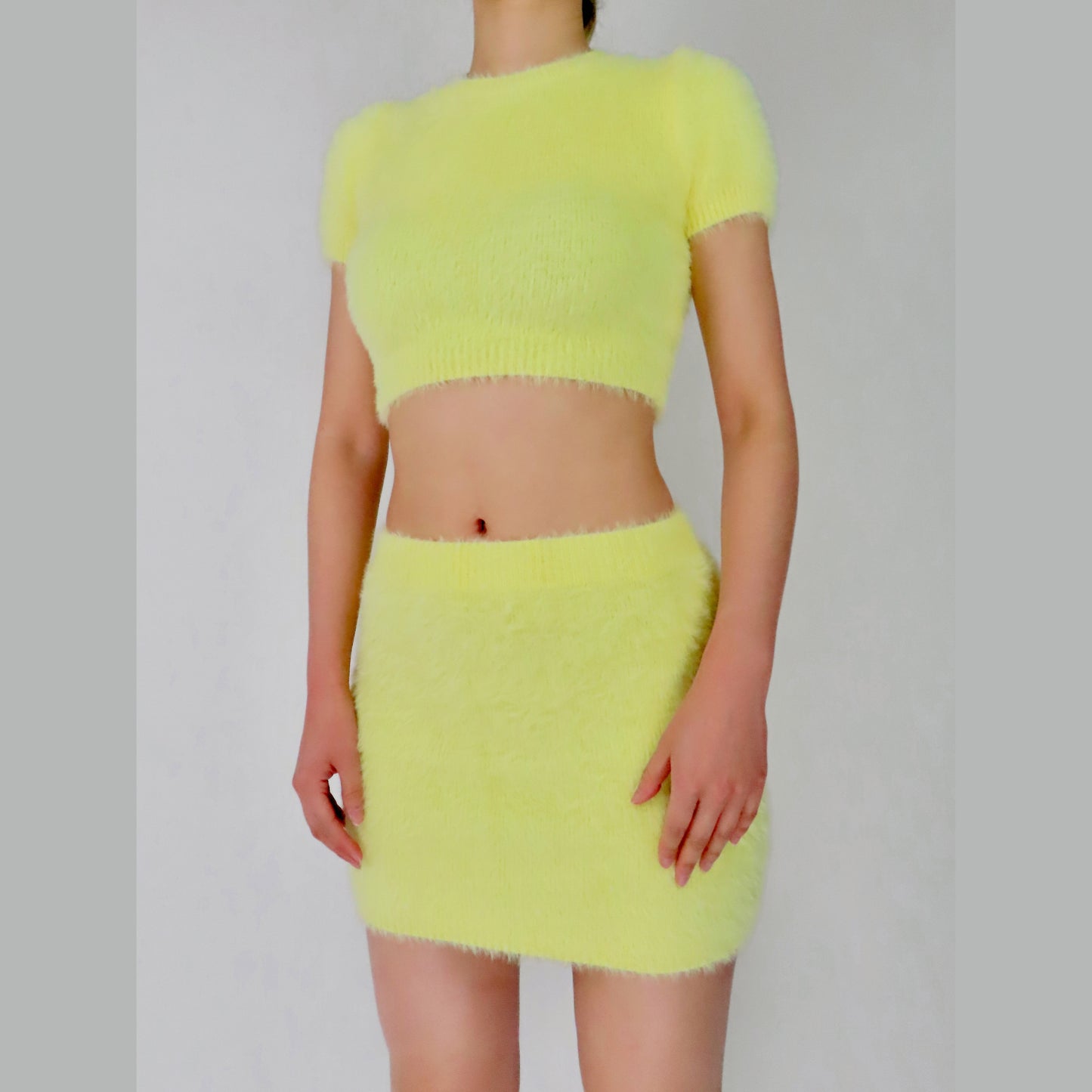 Fuzzy Crop Top & Mini Skirt Two Piece Set Yellow