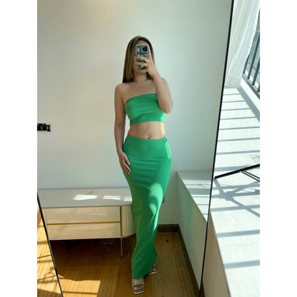 Y2K Crop Top & Maxi Skirt Two Piece Set Green | Rainbow Aesthetic
