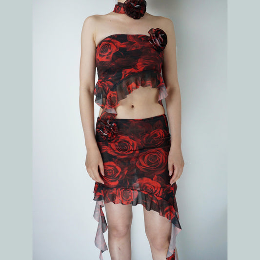 Rose Floral Crop Top + Mini Skirt Two Piece Set