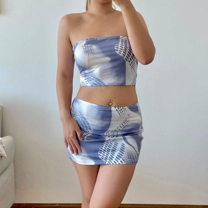 Print Off Shoulder Corset Top & Mini Skirt Sets Gray | Rainbow Aesthetic