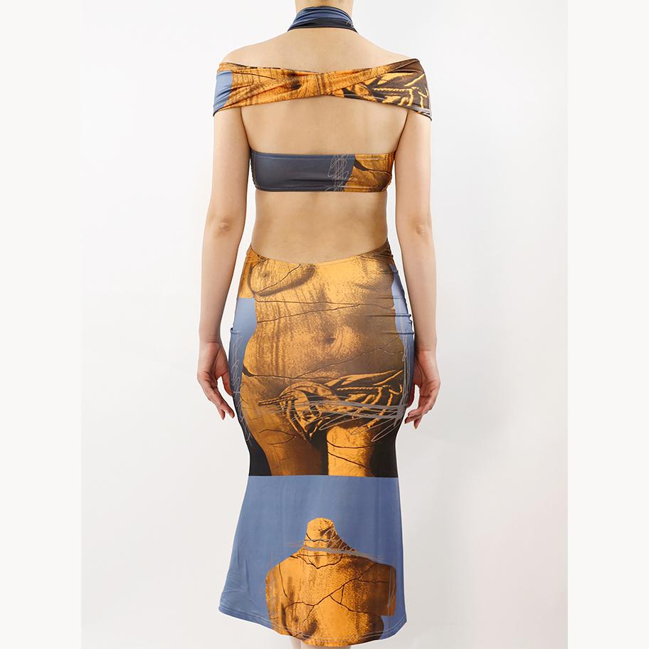 Print Halter Backless Sleeveless Maxi Dress | Rainbow Aesthetic