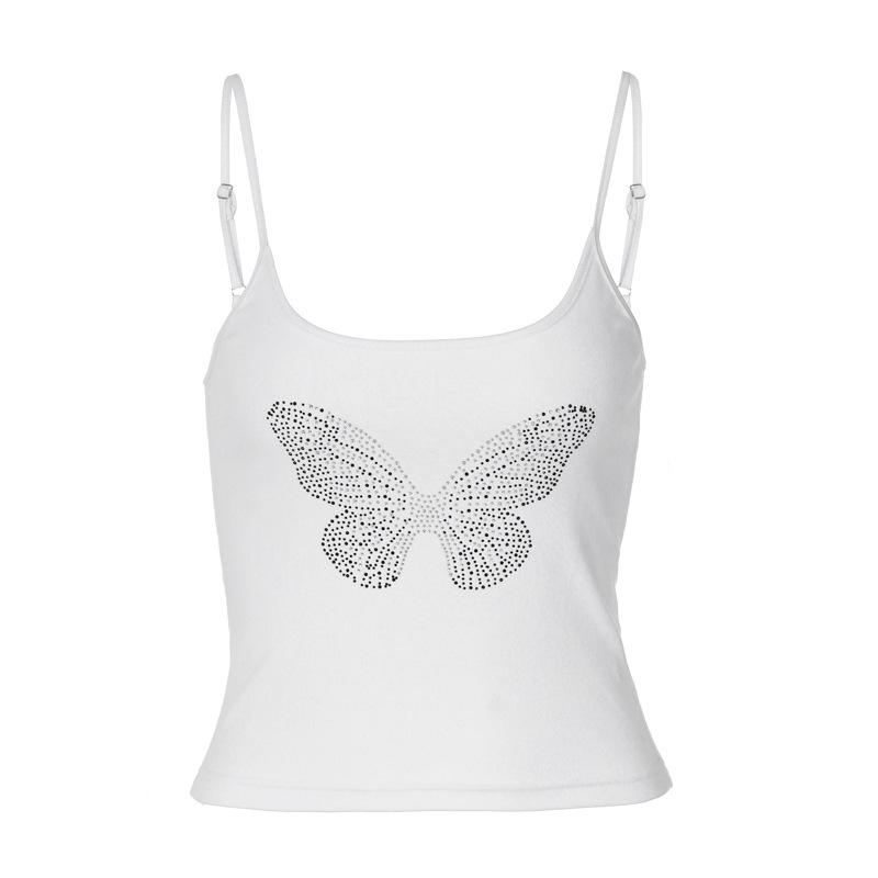 Y2K Rhinestone Butterfly Ribbed Cami Top White | Rainbow Aesthetic