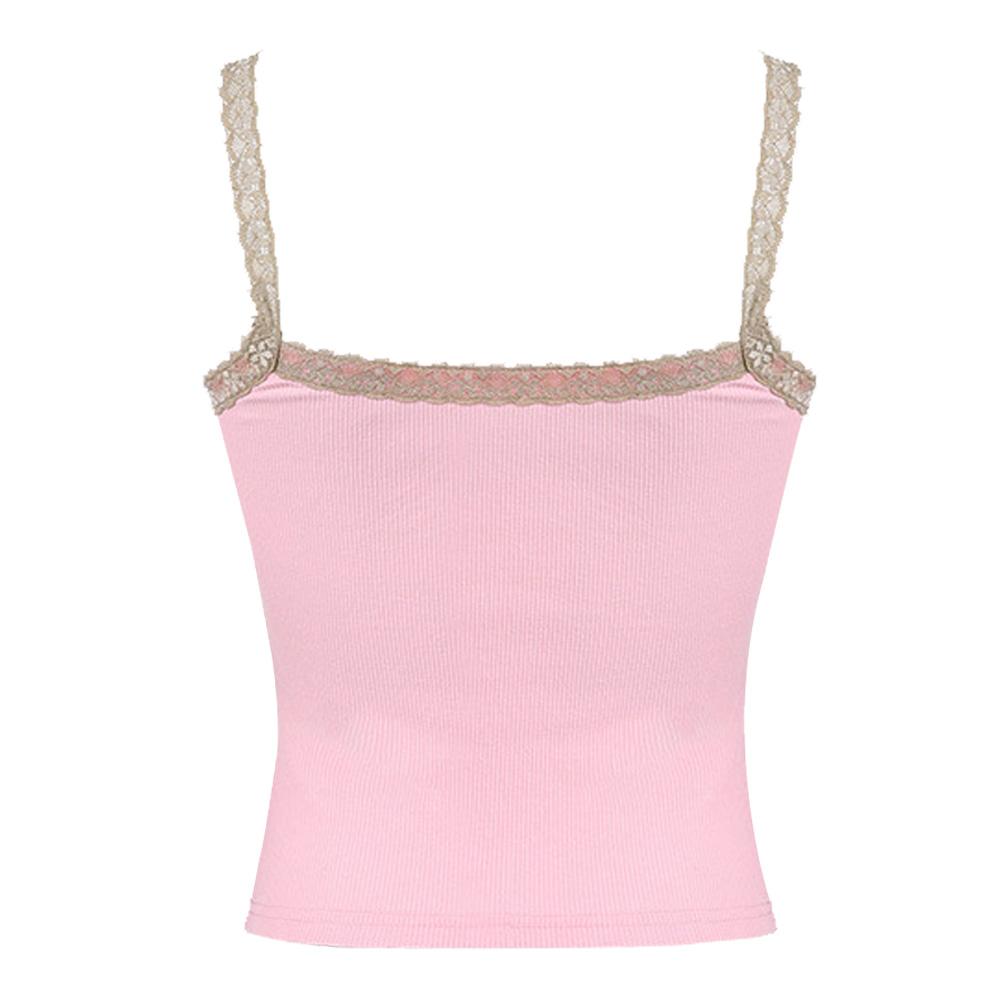 Print Lace Sleeveless Crop Top Pink | Rainbow Aesthetic