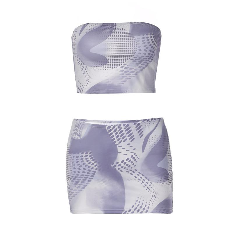 Print Off Shoulder Corset Top & Mini Skirt Sets Gray | Rainbow Aesthetic