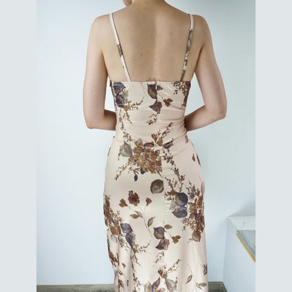 Print Off Shoulder Backless Maxi Dress Beige | Rainbow Aesthetic