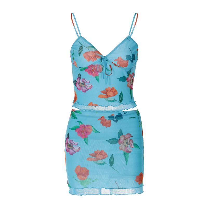 Y2K Floral Mesh Top & Mini Skirt Two Piece Set Blue | Rainbow Aesthetic