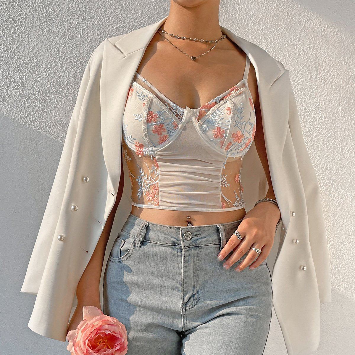 Lace Embroidery See-Through Cami Top White | Rainbow Aesthetic