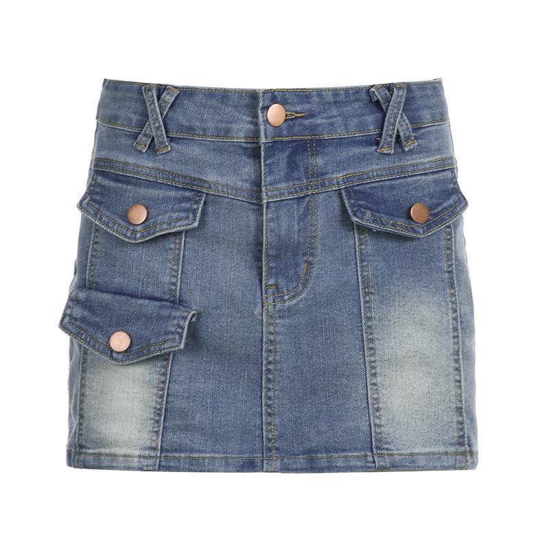 Patchwork Button Denim Cargo Mini Skirt Blue | Rainbow Aesthetic