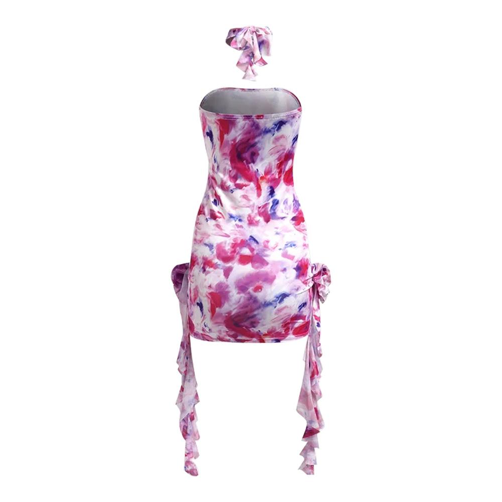 Rose Print Strapless Ruffled Mini Dress | Rainbow Aesthetic