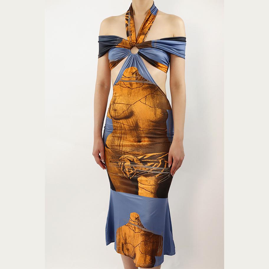 Print Halter Backless Sleeveless Maxi Dress | Rainbow Aesthetic