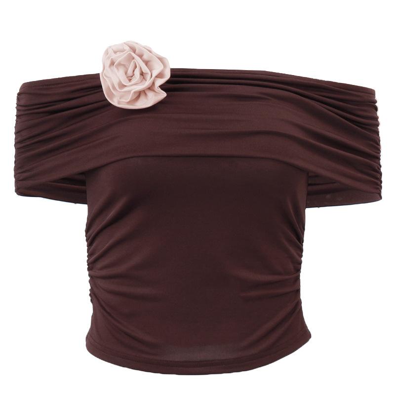 Y2K Floral Off Shoulder Short Sleeve Top Brown | Rainbow Aesthetic