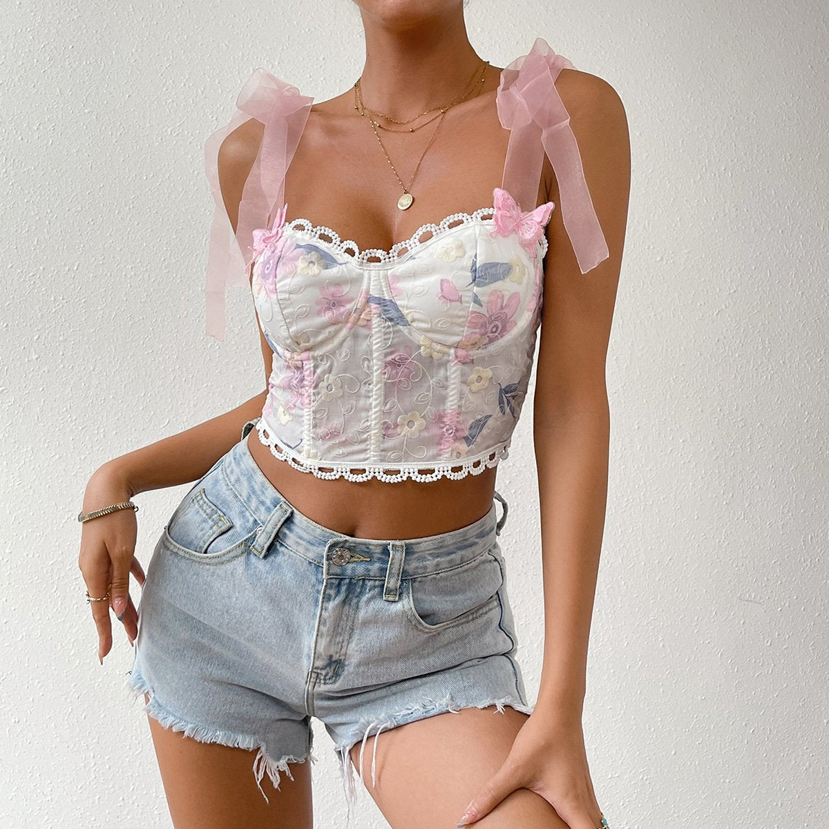 Tie Strap Floral Backstrap Cami Top White | Rainbow Aesthetic