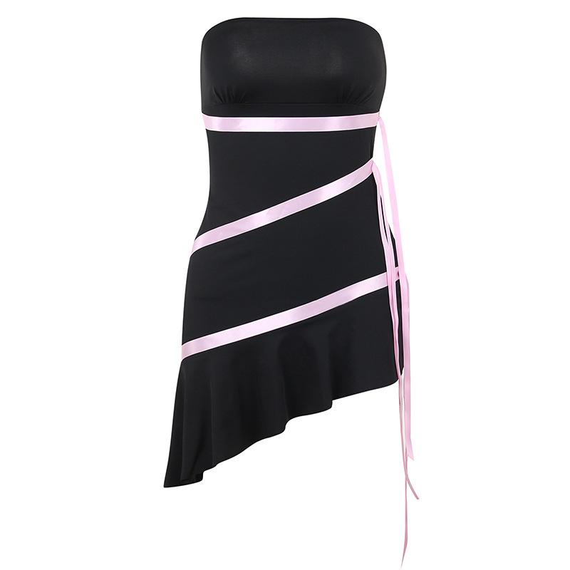 Barbie Core Asymmetric Straps Mini Dress Black | Rainbow Aesthetic