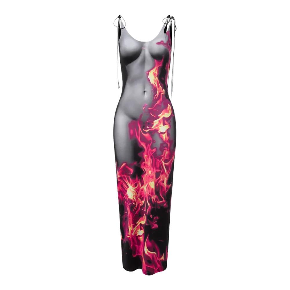 Fire Print Sleeveless Maxi Dress Grey | Rainbow Aesthetic