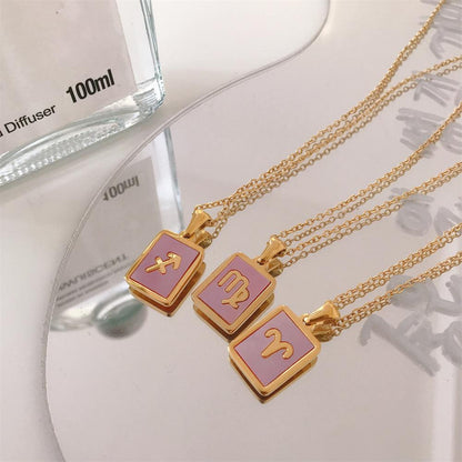 Pink Square Zodiac Sign Necklace Gold