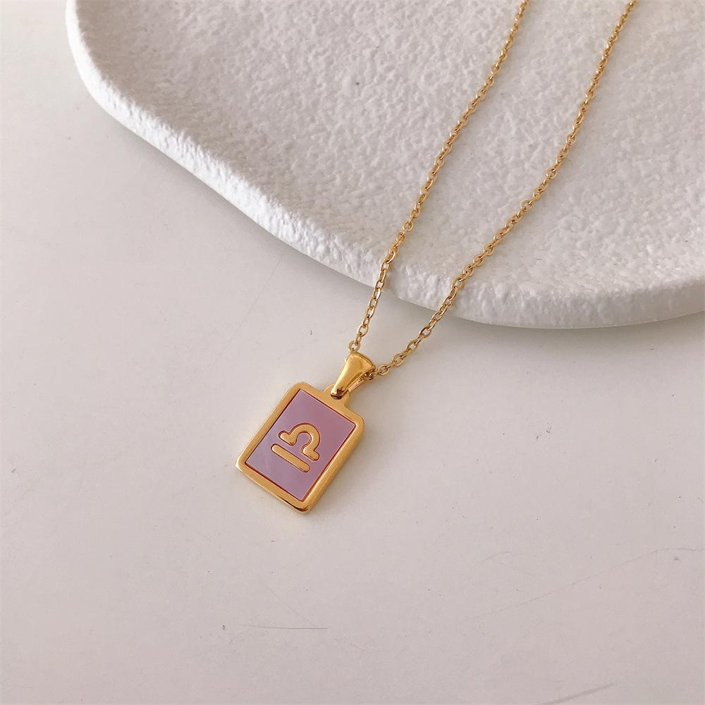 Pink Square Zodiac Sign Necklace Gold