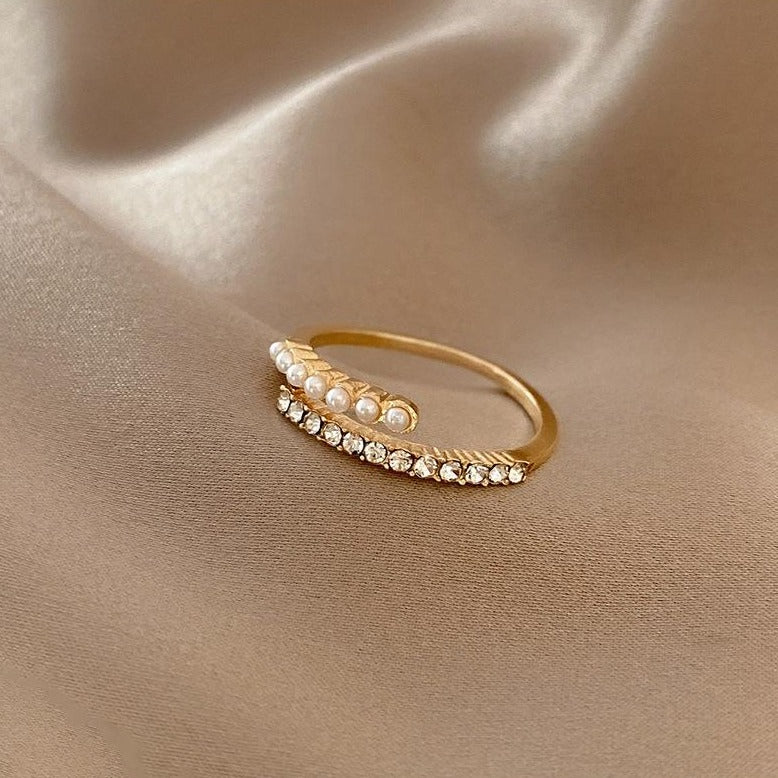 Minimalist Open Adjustable Ring with Beaded Pearls and Rhinestones Gold