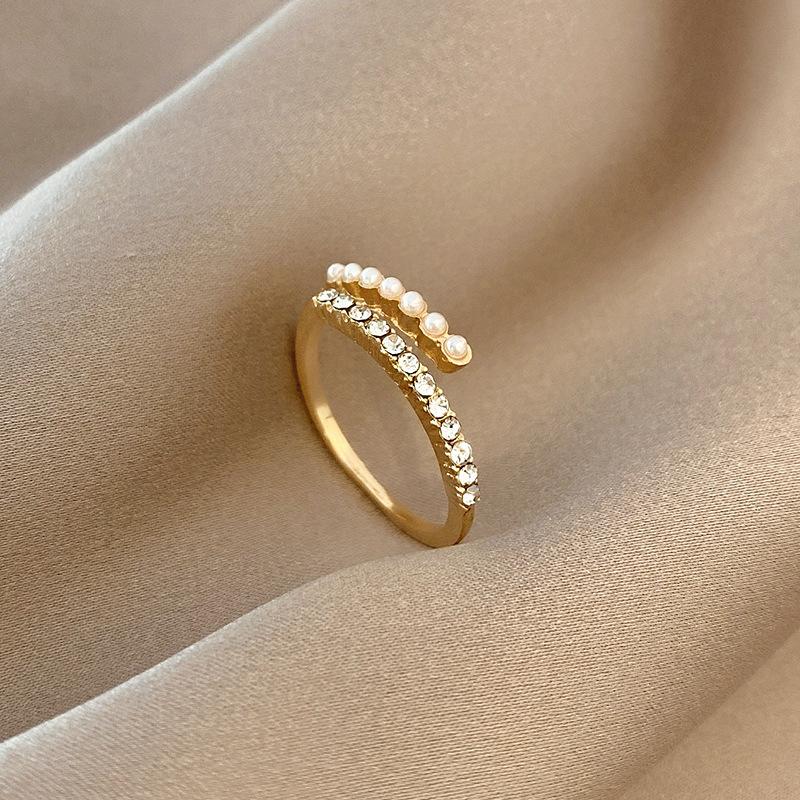 Minimalist Open Adjustable Ring with Beaded Pearls & Rhinestones Gold