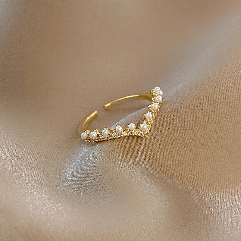 Minimalist Open Heart Shape Ring with Beaded Pearl & Rhinestone