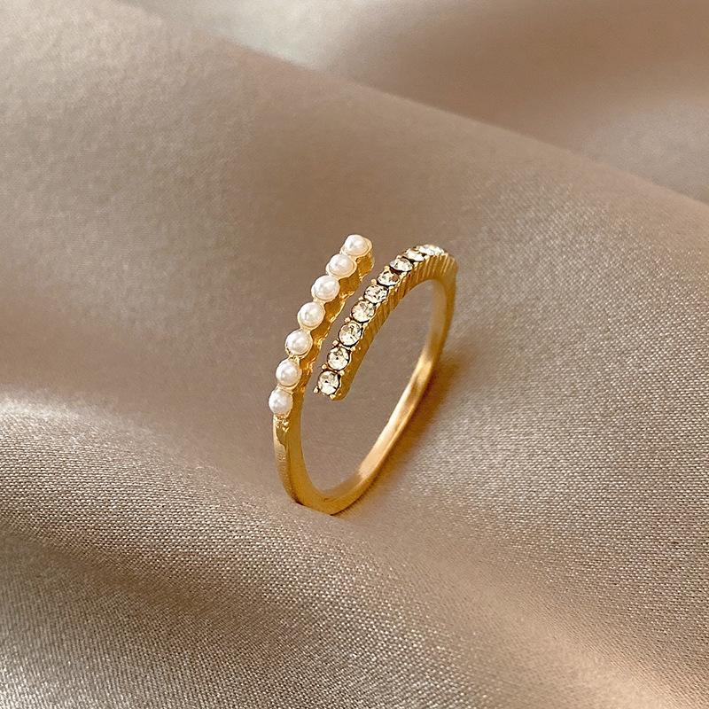 Minimalist Open Adjustable Ring with Beaded Pearls & Rhinestones Gold